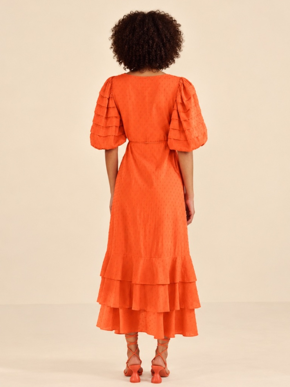 NWT FARM Rio Orange Ruffles Midi Dress XXS Wrap Swiss Dot - Picture 3 of 11
